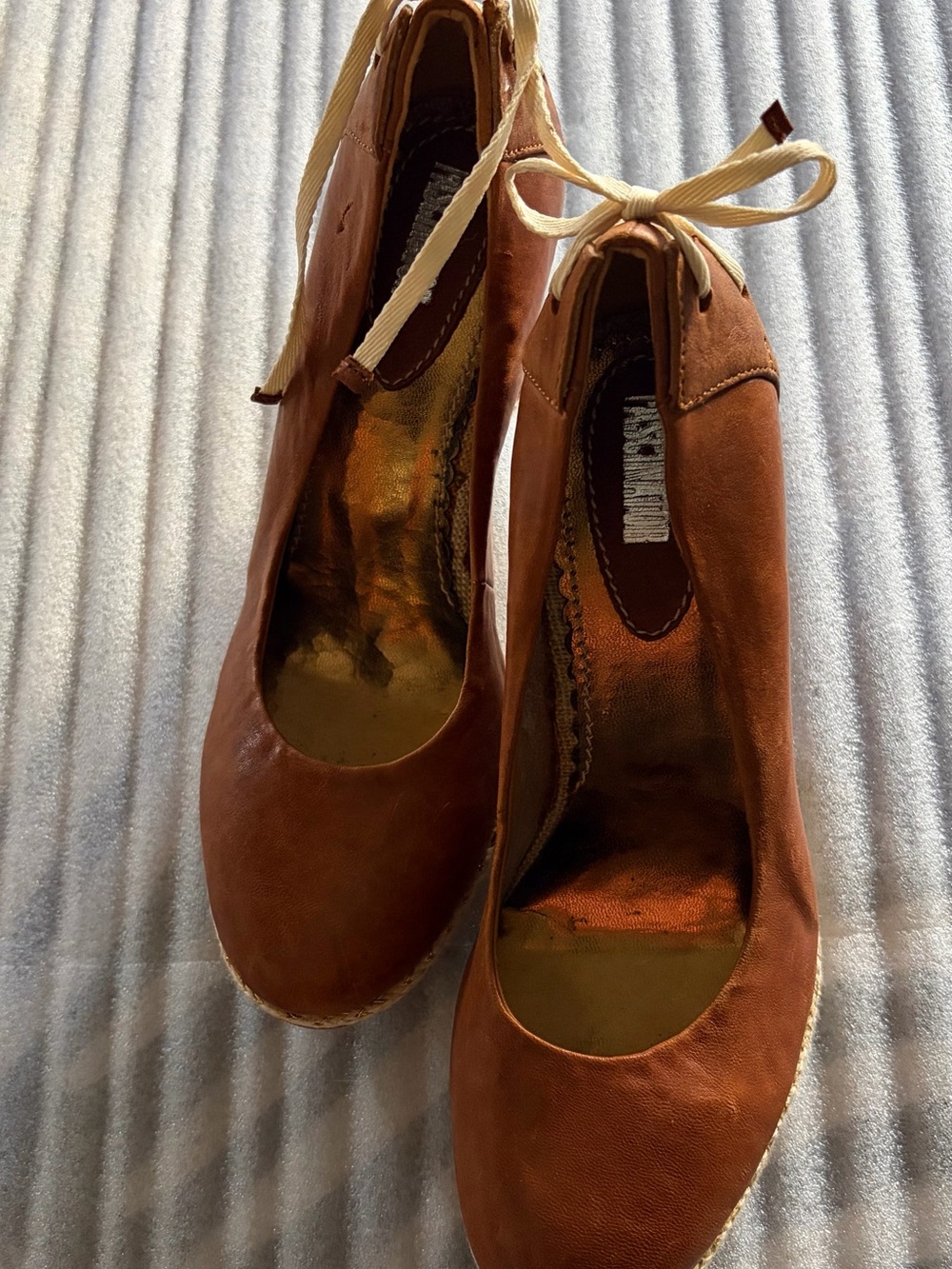 Fascinator Cognac Leather Espadrille Wedges — Lace-Up Ankle Tie
